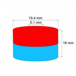 Magnes neodymowy – pierścień śr.19,4x śr.5,1x16 N 80 °C, VMM10