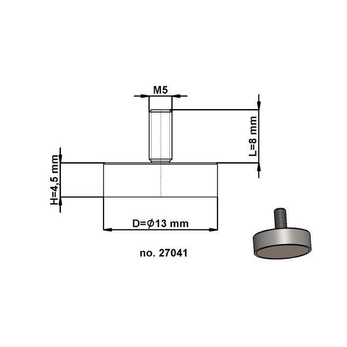 Soczewka magnetyczna śr.13 x wysokość 4,5 mm z gwintem zewnętrznym M5, długość gwintu 8 mm.