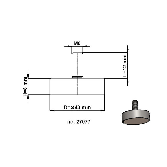 Soczewka magnetyczna śr.40 x wysokość 8 mm z gwintem zewnętrznym M8, długość gwintu 12 mm