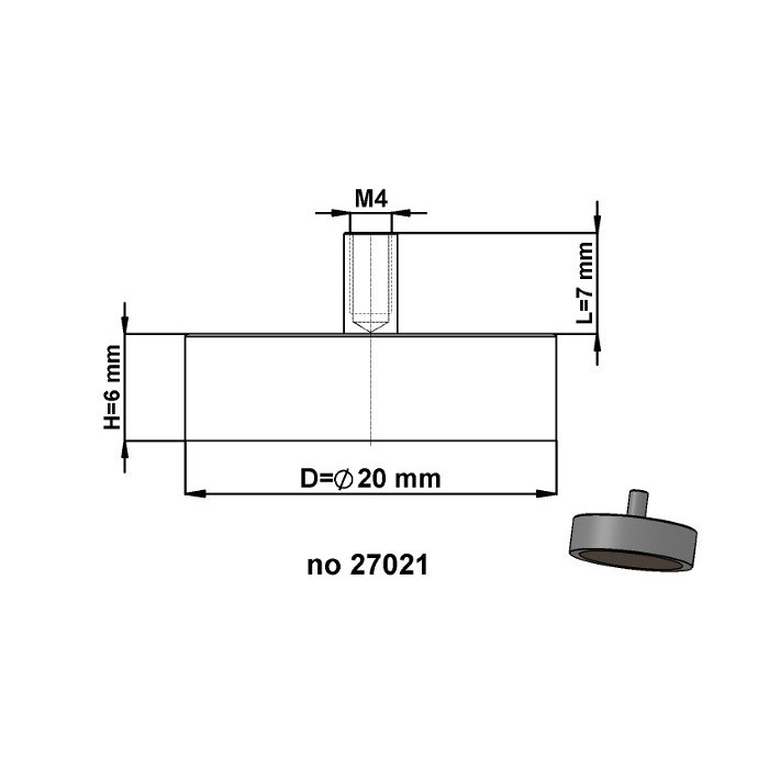 Soczewka magnetyczna śr.20 x wysokość 6 mm z gwintem wewnętrznym M4, długość gwintu 7 mm
