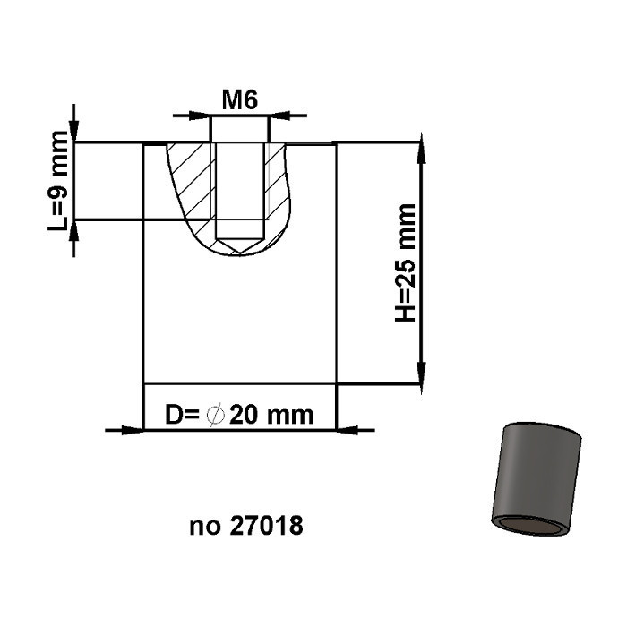 Soczewka magnetyczna - walec śr.20 x wysokość 25 mm z gwintem wewnętrznym M6, długość gwintu 9 mm