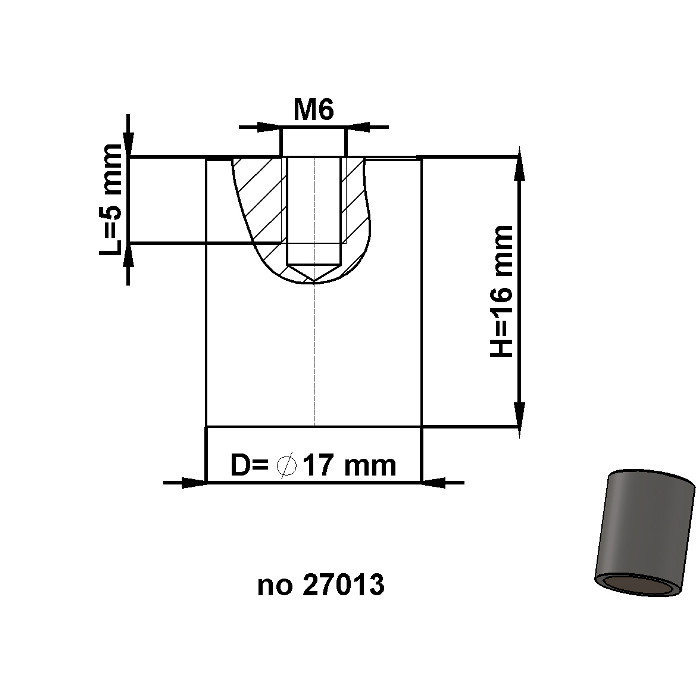 Soczewka magnetyczna - walec śr.17 x wysokość 16 mm z gwintem wewnętrznym M6, długość gwintu 5 mm
