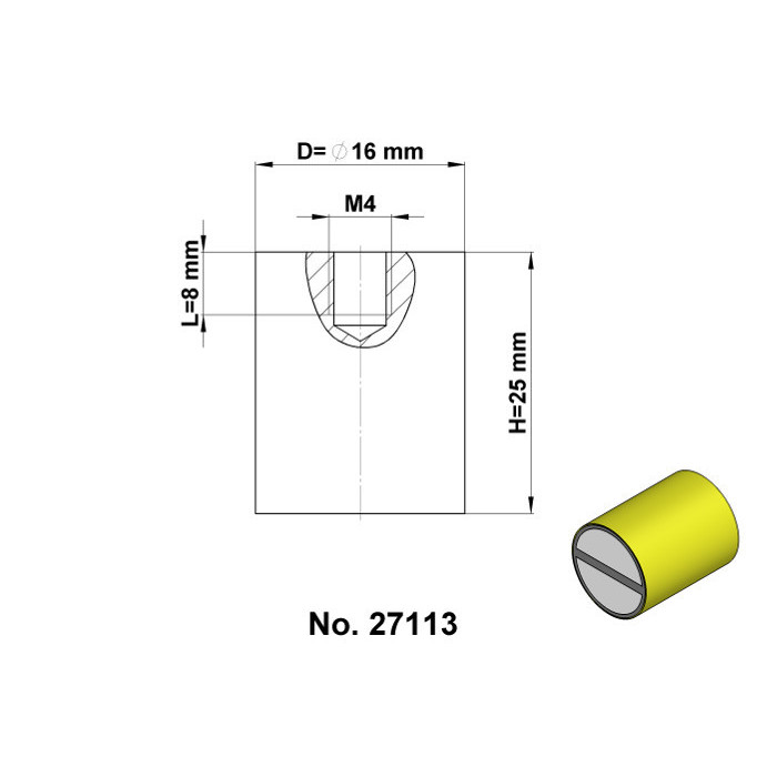 Magnetyczna walcowa soczewka z mosiądzu z tolerancją h6 śr.16 x wysokość 25 mm z gwintem wewnętrznym M4, długość gwintu 8 mm