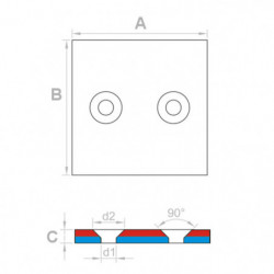 Magnes neodymowy – prostopadłościan z otworem na śruby z łbem stożkowym 40 x 40 x 4 N 80 °C, VMM4-N35